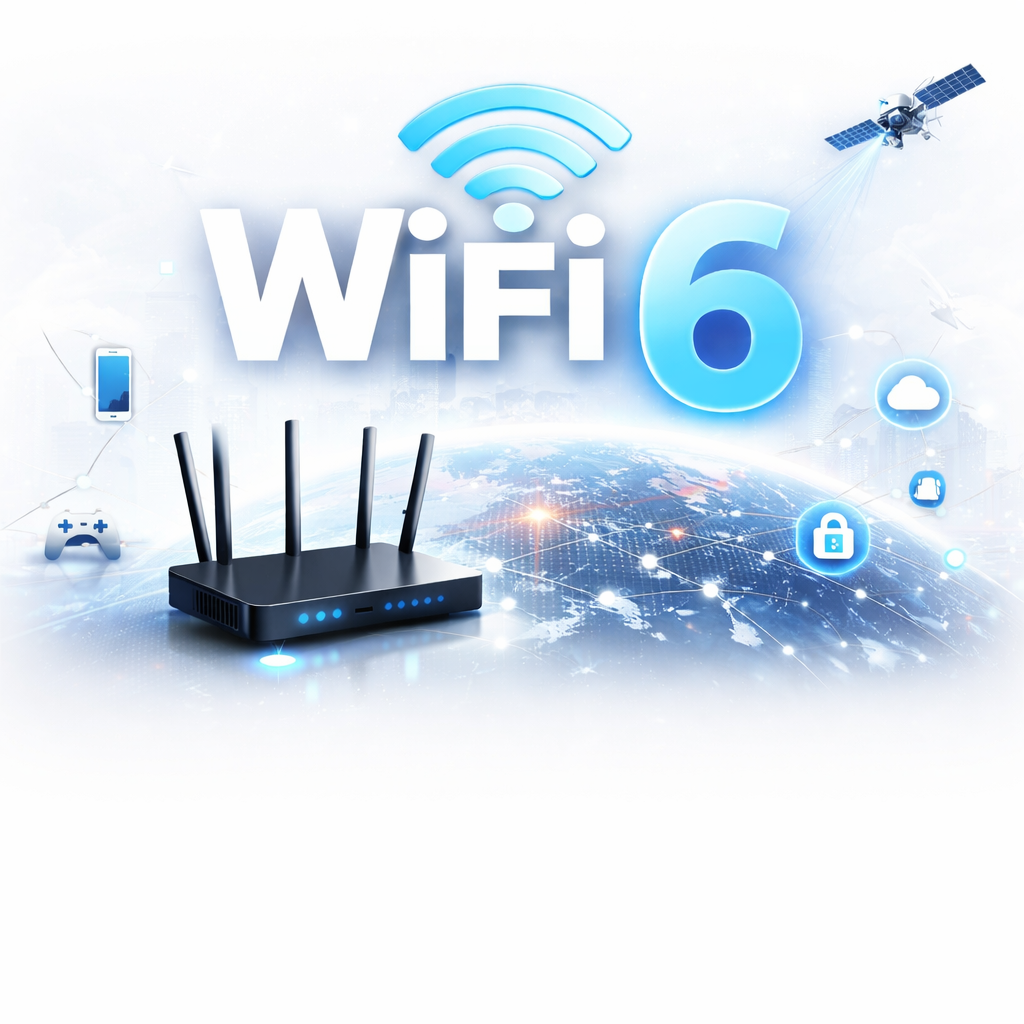 تصویر شاخص مقاله WiFi 6 چیست با مودم پیشرفته و پسزمینه سفید