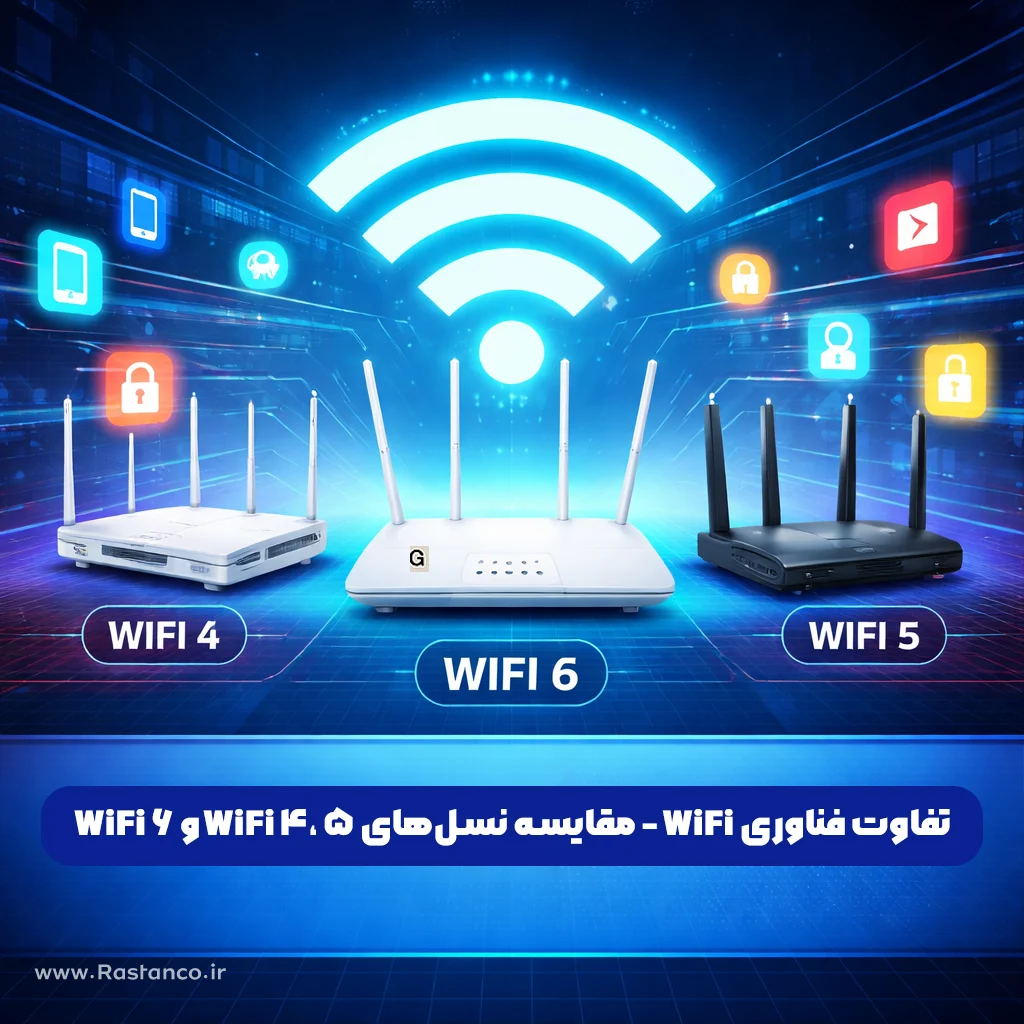تفاوت فناوری Wi‑Fi بین نسل‌های WiFi 4، WiFi 5 و WiFi 6 در یک تصویر مفهومی با روتر بی‌سیم مدرن