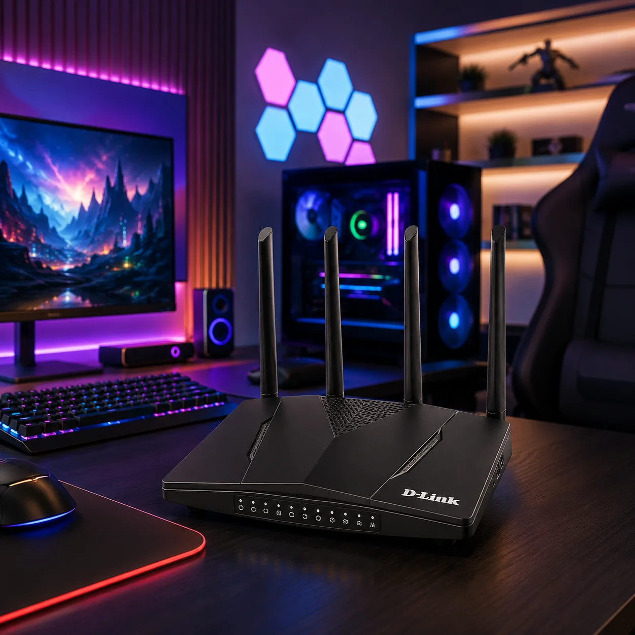مودم D-Link M960 در اتاق گیمینگ با نورپردازی RGB